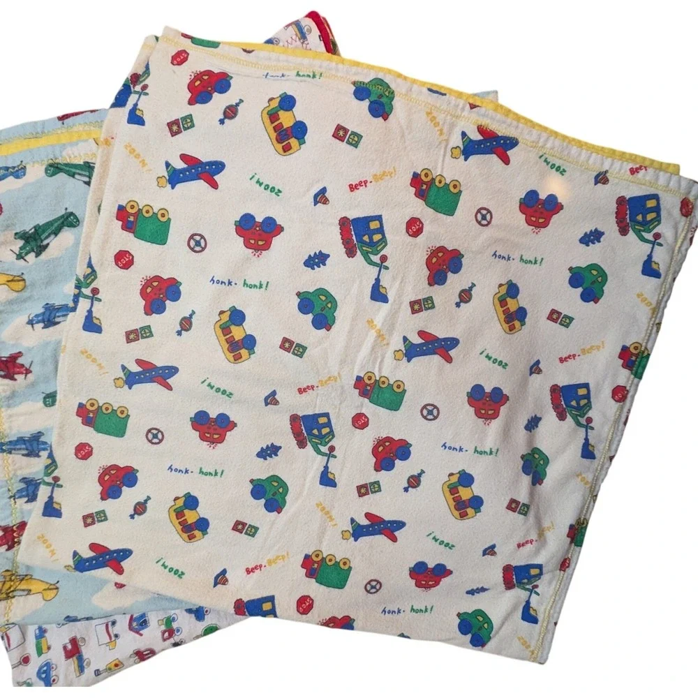 Three Vintage Handmade Vehicle Cotton Flannel Baby Blankets Primary Colors 90s